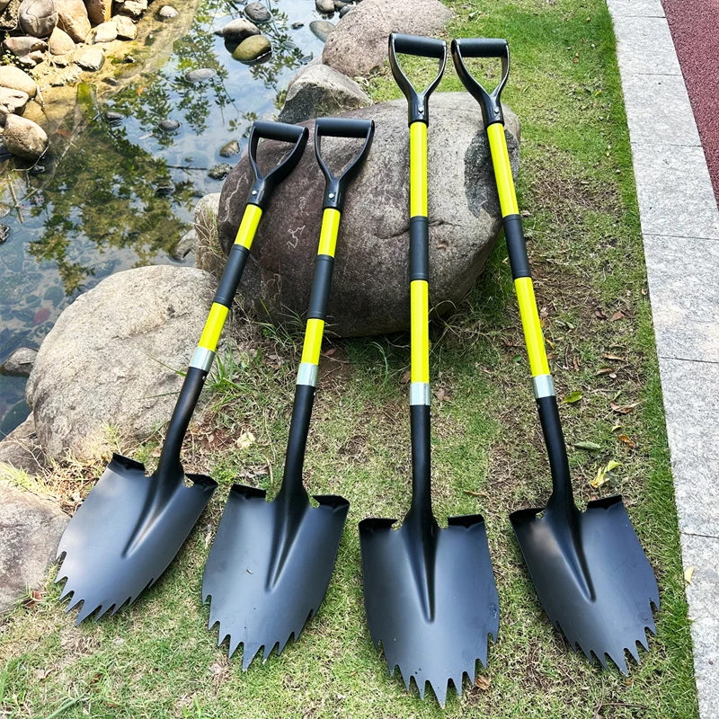 Garden hand tools agriculture farming square round head iron manganese steel spade shovelwith high strength fiberglass  handle