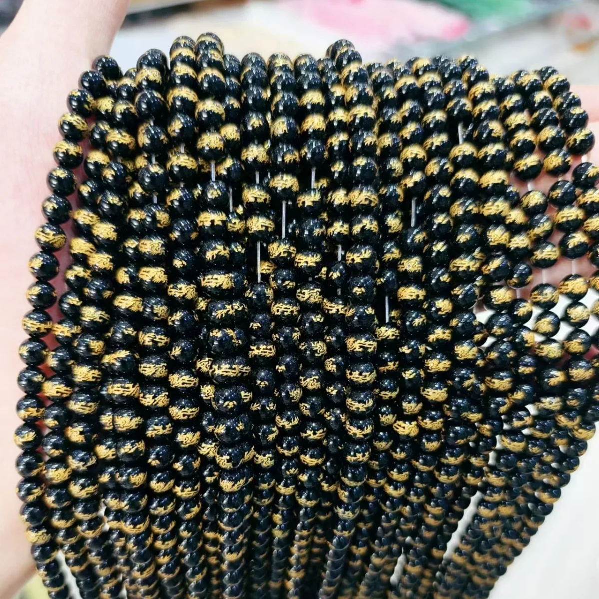 wholesale loose gemstone black onyx engraved gold Sanskrit onyx 8mm engraved agate stone bead for jewelry making