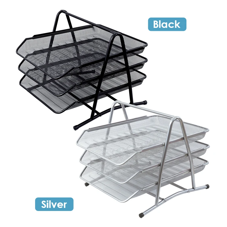 Strong Steel Black Silver Mesh Construction 3 Tier Stackable Desktop Document Letter Slide Tray Organizer for desk accessories