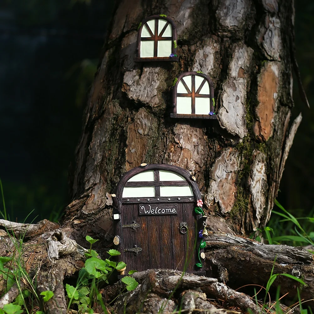 Christmas gift Fairy Door and Windows for Trees Glow in The Dark Yard Art Sculpture Decoration Room Wall Trees Outdoor Miniatu