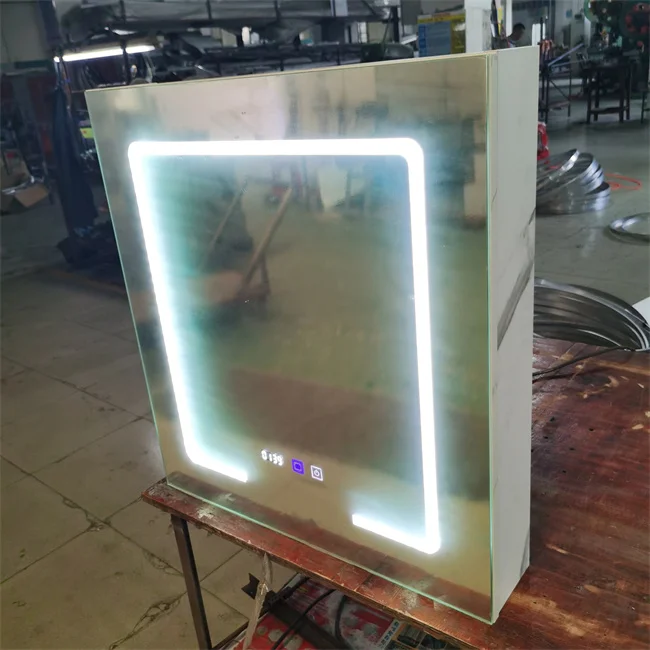 smart mirror cabinet bathroom vanity cabinet with LED clock touch sensor switch IP44 waterproof and anit-fog function