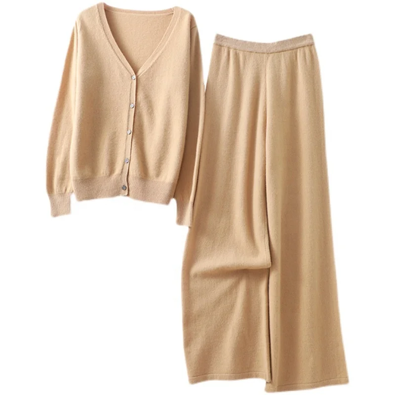 Custom Fashion New Arrival  Solid Color Lady Cashmere Wool Sweater Two Piece Set