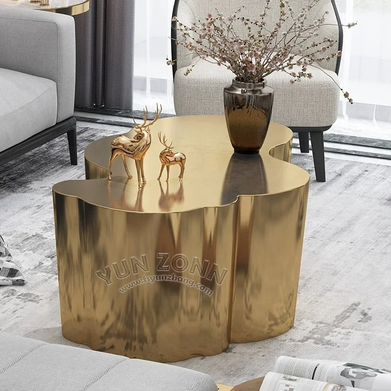 YunZonn Modern Gold Mirror Stainless Steel Coffee Table Irregular Style for Living Room Dining Hotels Villas Apartments Use