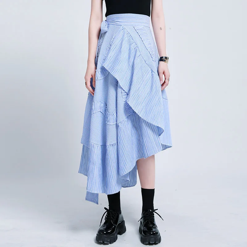 New Arrival One Piece Lace Up Mid Length a-Line High Waisted Skirt With Blue Stripes And Irregular Ruffled Edges, Pleated Skirt