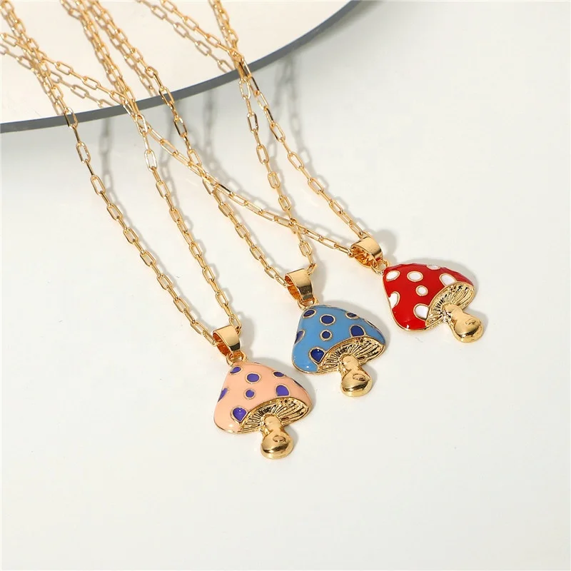 Cartoon Jewelry Type Stainless Steel Kids Young Girls Women Trendy Cute Multi Color Mushroom Pendant Necklace Enamel Jewellery