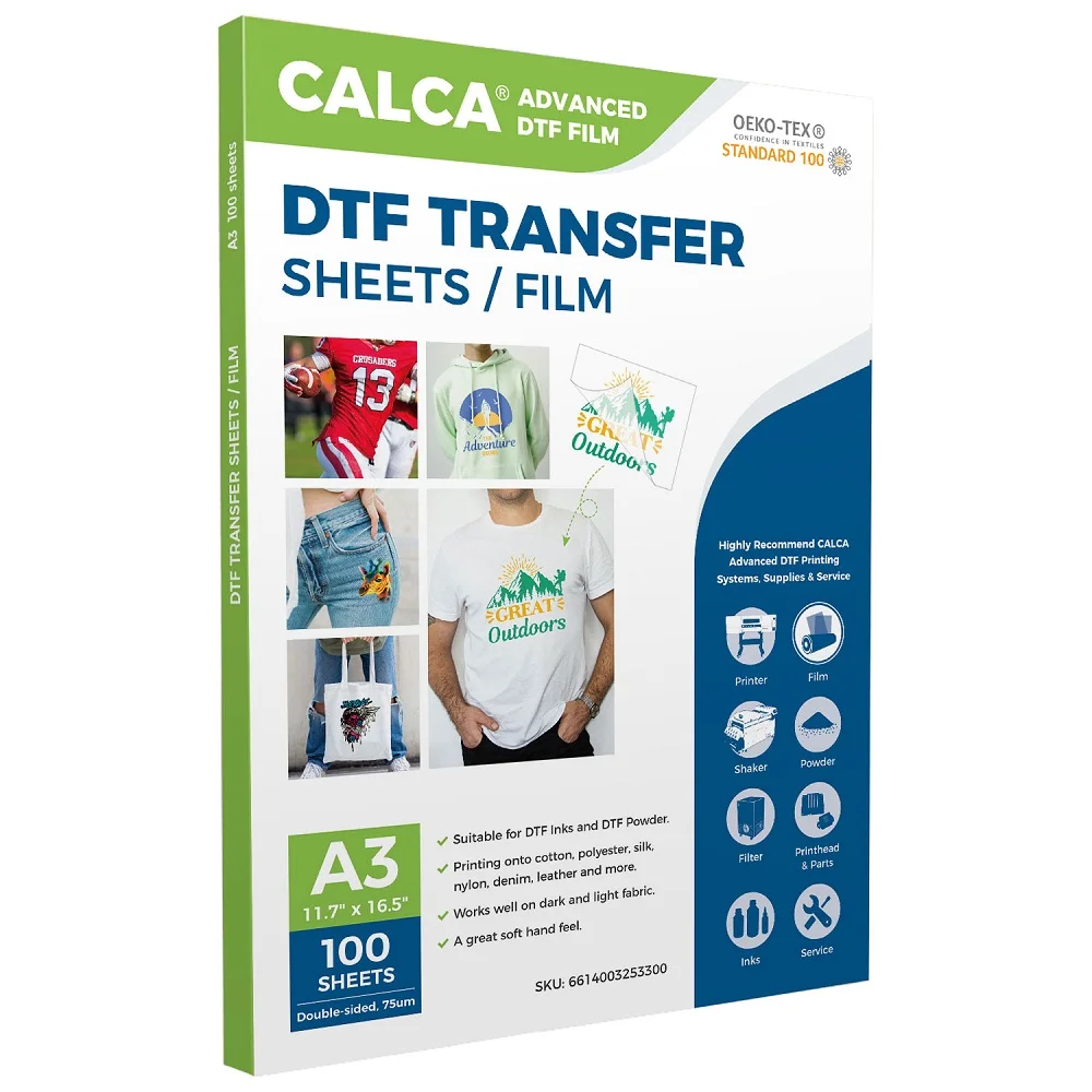CALCA DTF Printing Starter Supply Pack (500ml CMYK and 1L W DTF Ink, 1KG Powder, A3 Sheet Film) for T-shirt Wholesale US Stock