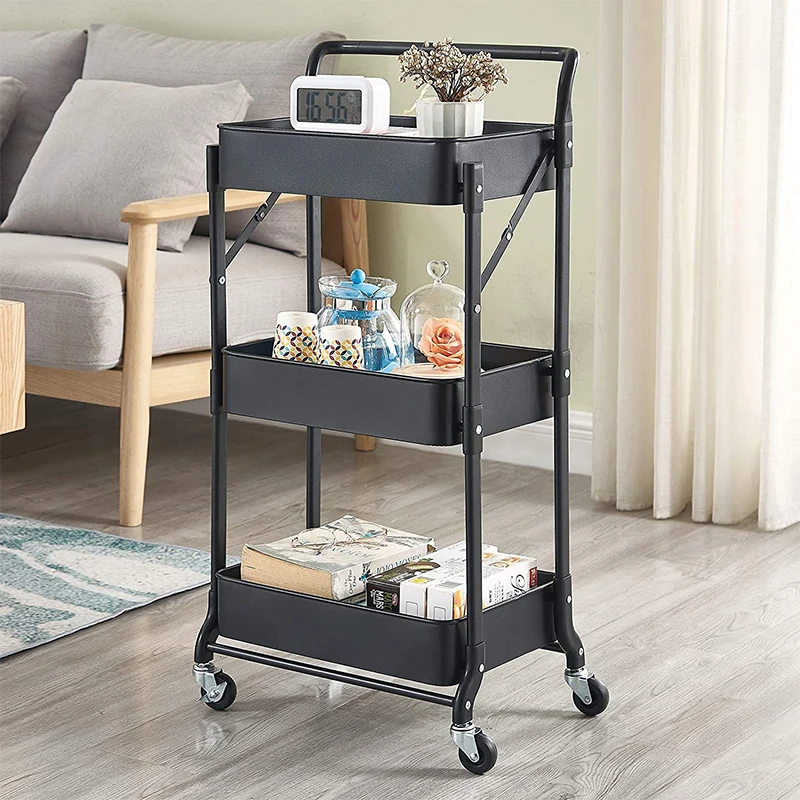 Full Metal Storage Cart Rolling Basket Stand Shelves & Wheels Kitchen Bathroom