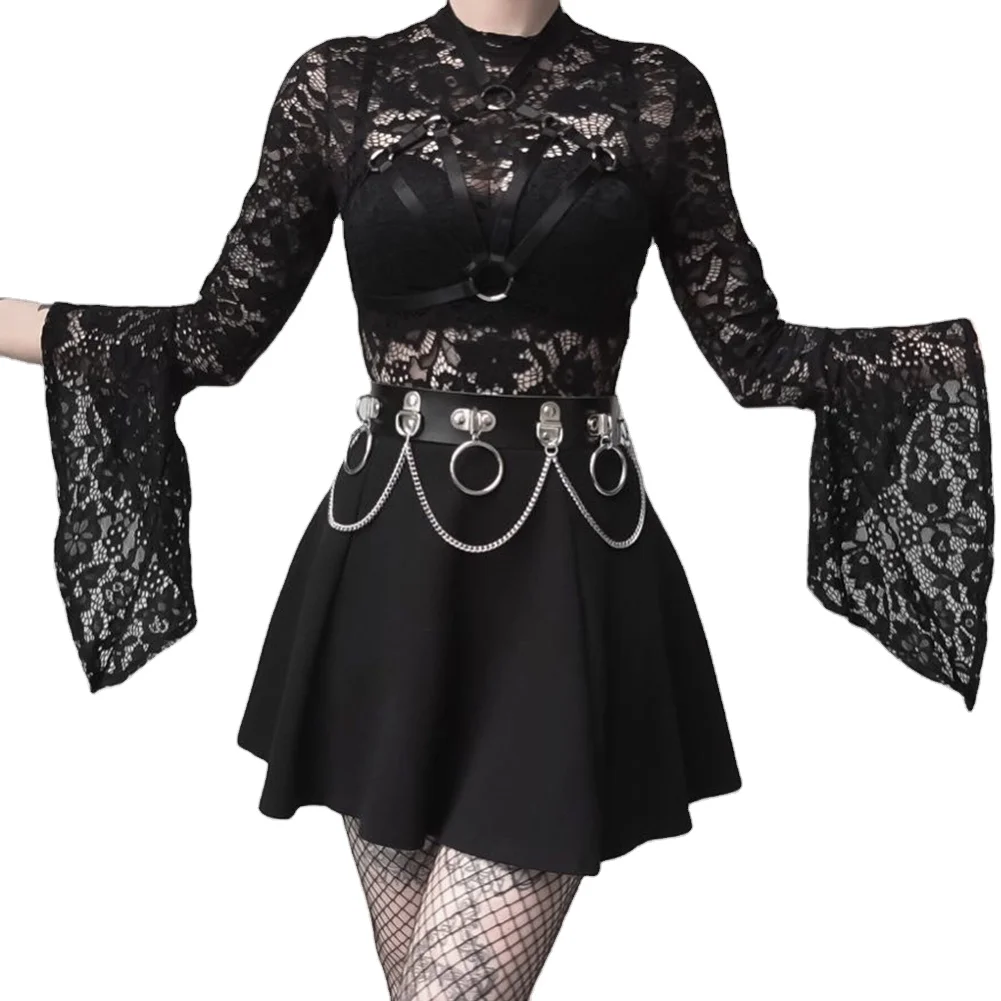 Женский кожаный ремень с металлической цепочкой, регулируемый пояс в стиле Харадзюку, с металлическим кольцом