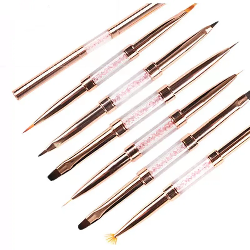 Rose Gold Metal Handle Dual End Nail Brush Painting Liner Nail Art Brush