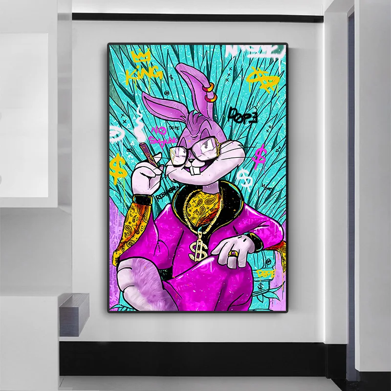 Cool Bucktooth Rabbit Cartoon Graffiti pop Wall Art Pictures and posters Print on Canvas Oil Painting For home kids room decor