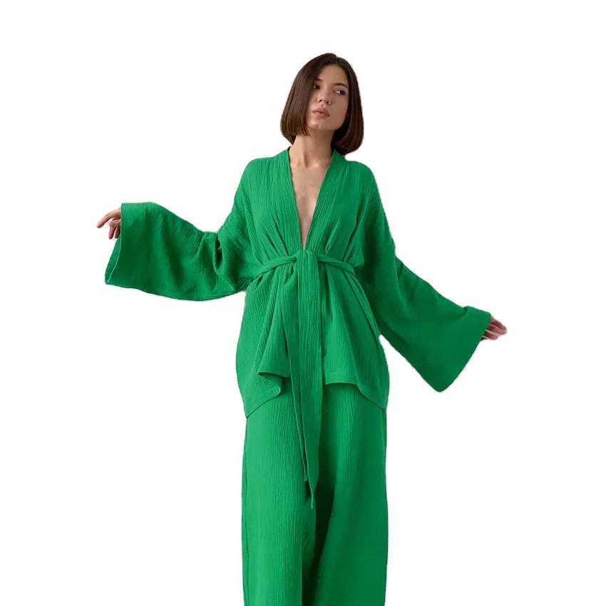 Customized  Crepe Muslin Cotton Daily Life Women Kimono Robe Lounge Set