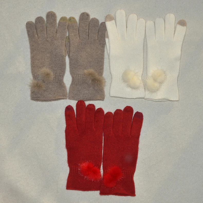 Женские кашемировые перчатки с меховым помпоном