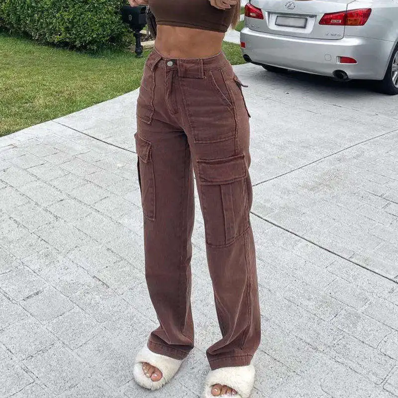 Wholesale new design streetwear Brown Pockets Low Waist Straight Ladies Denim Trousers Wide Leg Vintage Cargo Pants Baggy Jeans