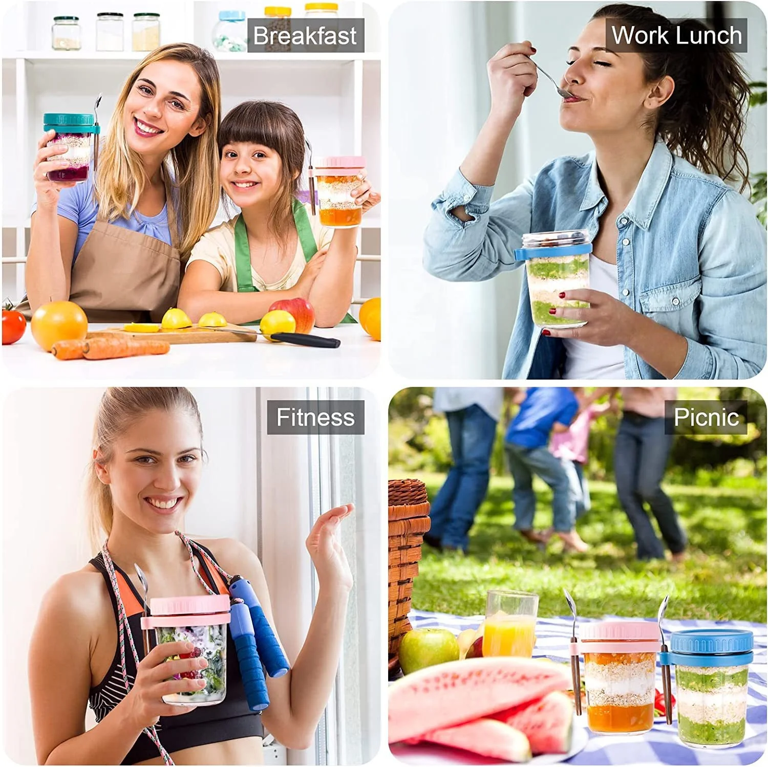 Portable 16oz 10oz Glass Breakfast Jars Glass Sala Overnight Oats Jar