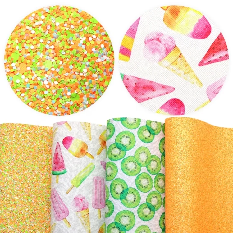 4pcs/set Fruit Kiwi Popsicle Print Yellow Faux Leather Material Mix Glitter Sheets Synthetic Leather Fabric For Diy 1187519
