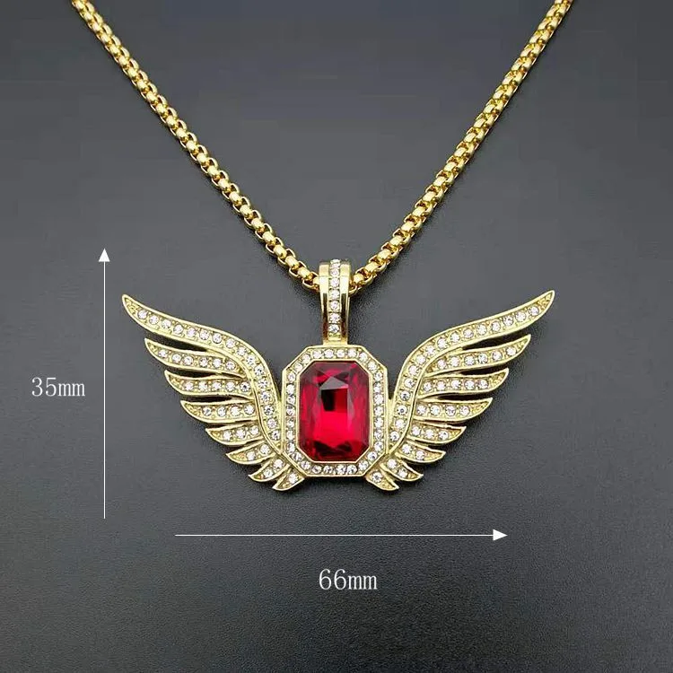 Hip Hop Mens Gold Plated Gemstone Jewelry Wholesale Big Rectangle Crystal Stone Angel Wing Necklace Pendant