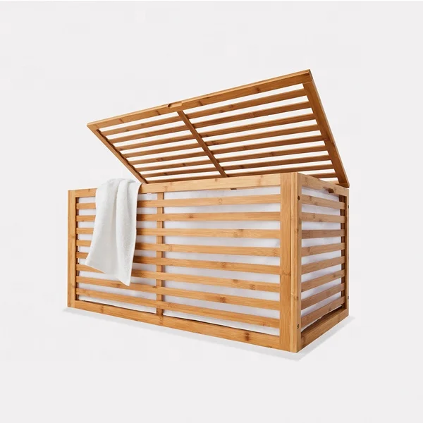 Bamboo storage trunk with removable divided liner laundry rack hamper BSCI Factory