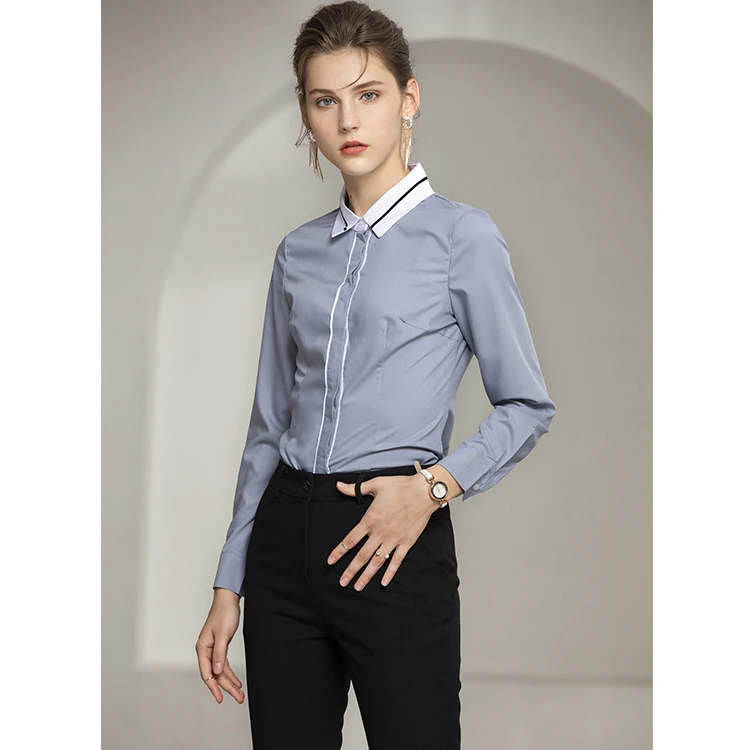 High Quality Low Factory Price Turn-down Collar Grey White Woman Formal Business Lady Office Blouse
