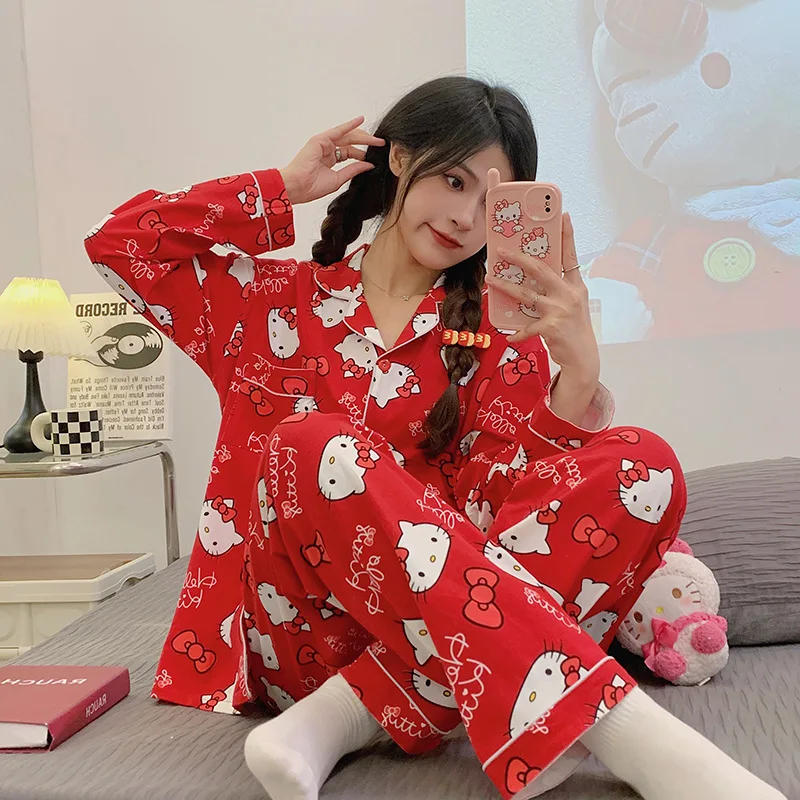 Cute Hello Kitty Pajamas for Women Spring and Autumn Japanese Cartoon Home Clothes