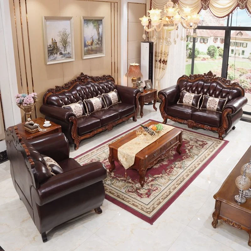 AIRFFY OEM/ODM American Vintage Luxury  Living Room Home Furniture Solid Wood Couch Genuine Leather Sofa Set