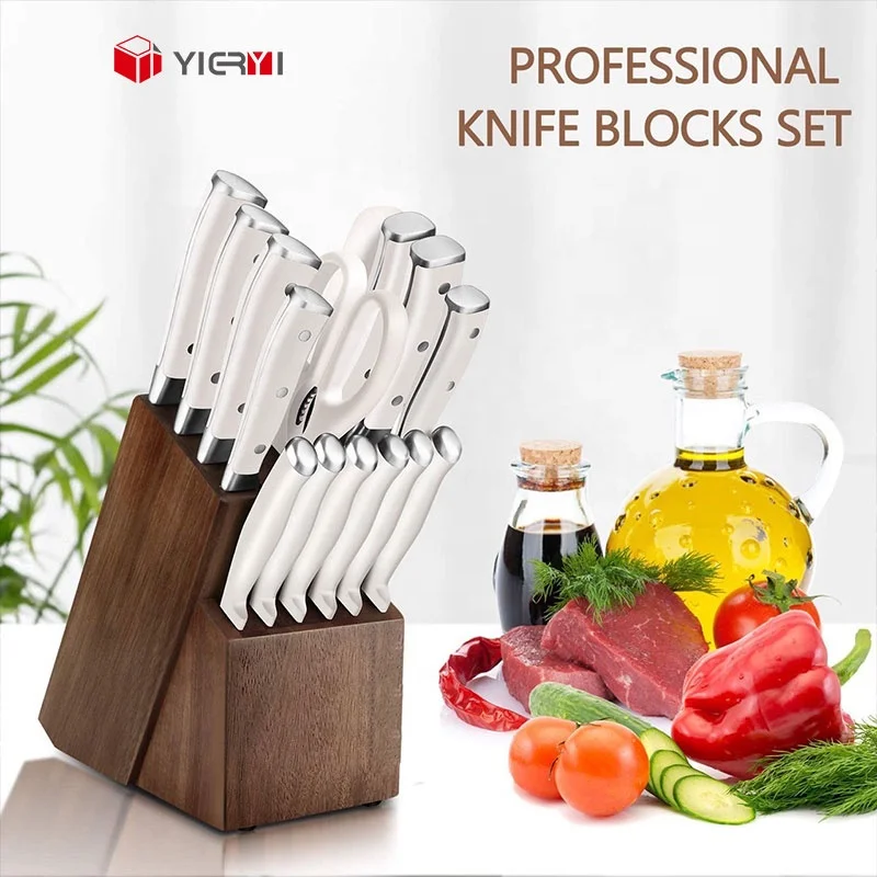 Professional 14-Piece German Stainless Steel Chef Cooking Knife Set Hardwood Storage Block Block Sharp Blade Knife Block Set