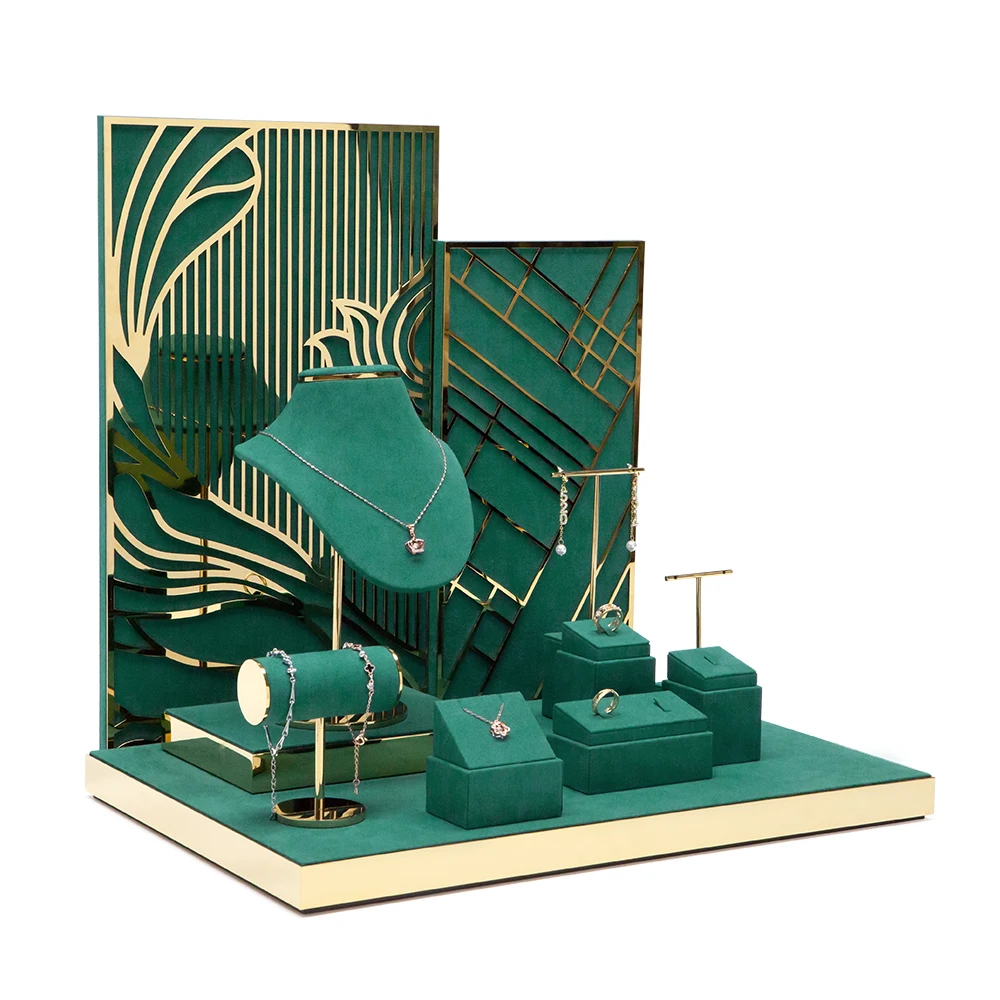 Design Jewelry Stores Display Sets Jewel Earrings Ring Necklace Stand Customized Wooden Metal Velvet Jewellery Display Rack