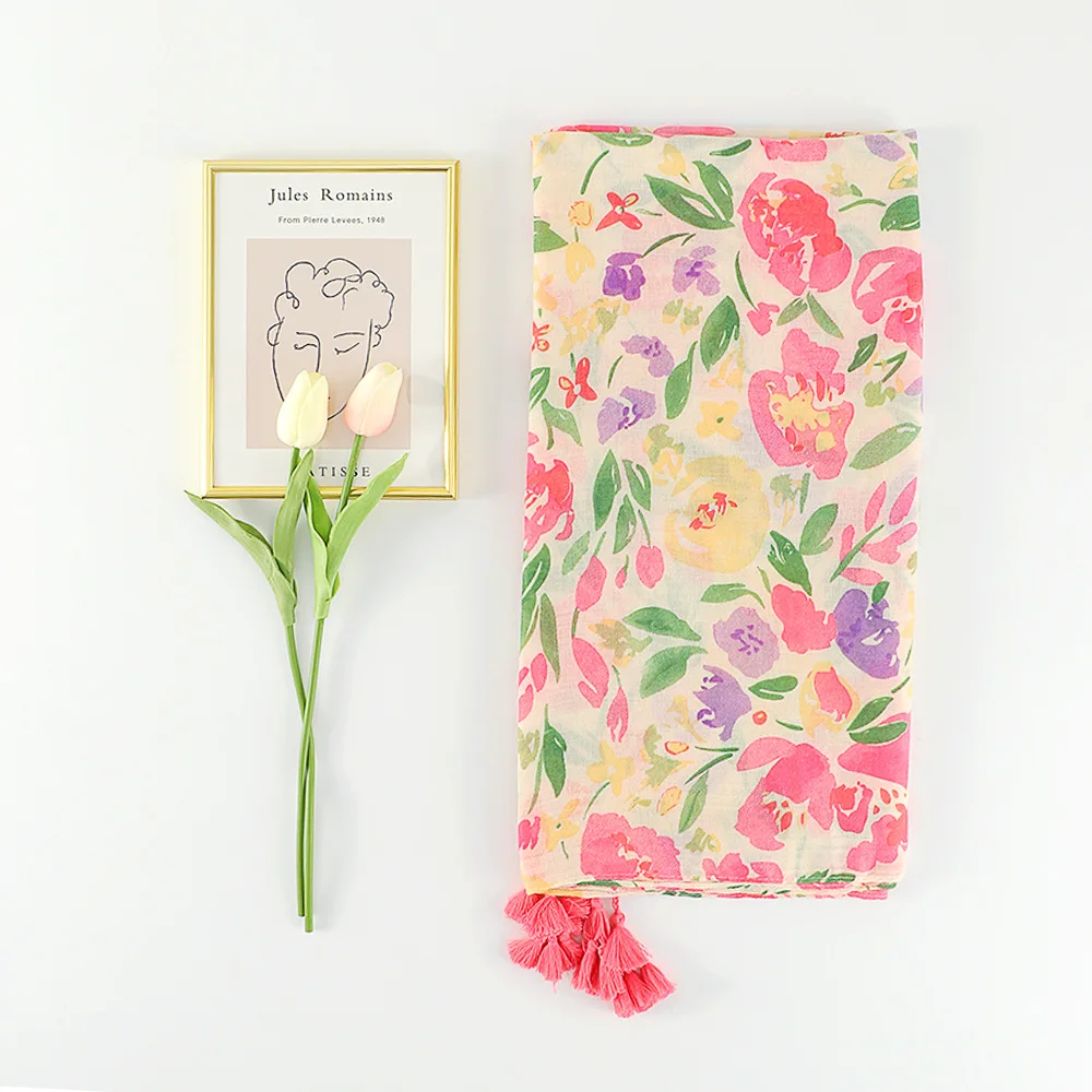 2022 hot selling newest design summer ladies plant flower cotton beach shawls fashion women cotton fabric scarf with tassels