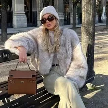Стильное элегантное короткое однотонное пальто с мехом повседневное модное длинным рукавом и карманом круглым вырезом из меха лисы для женщин