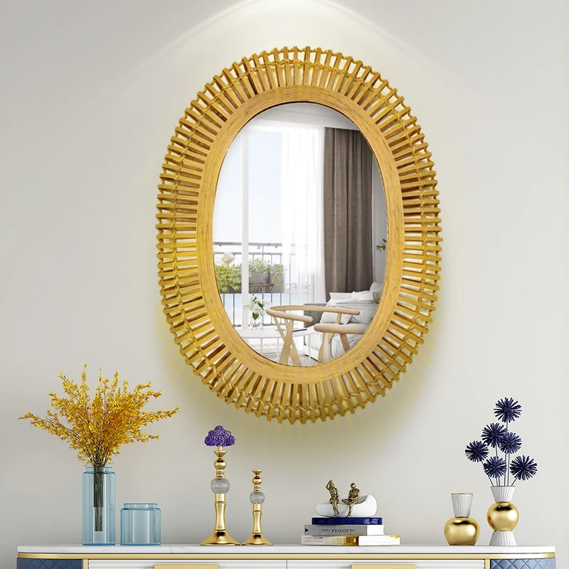 Fancy Pastoral Farmhouse Accents Decorative Oval Rattan Bamboo Frame Mirrors Decor Art Hanging Wall Mounted Mirror