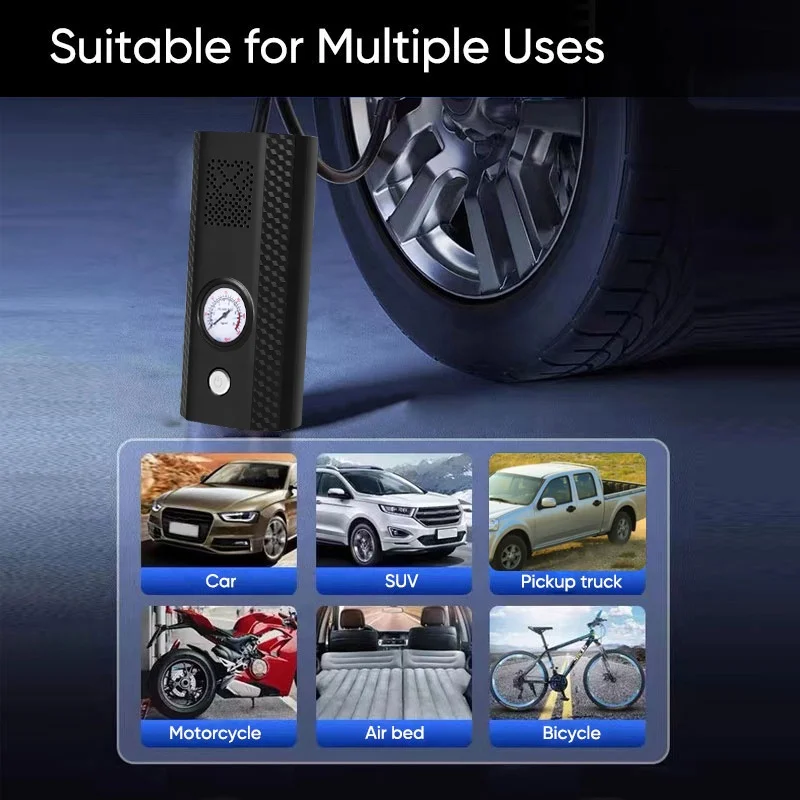 Tire Inflator Portable Air Compressor 12V Mini Electric Auto Tire Pump with Pressure Gauge LED Light for Car Tires Bicycle Ball