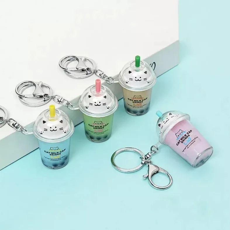 Cute Novelty Style Liquid Meow Boba Tapioca Black Pearl Milk Bubble Tea Mini Cup Drink Kawaii Cat Charm Quicksand Keychain