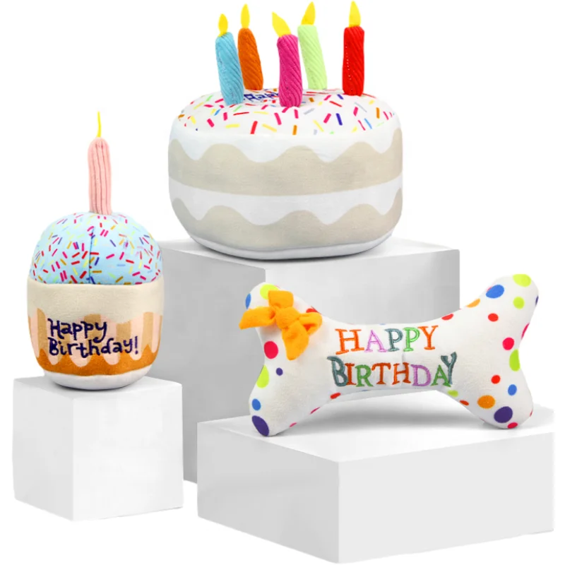Dog Birthday Party Custom Stuffed Plush Dog Toy Happy Birthday Cake Squeaky Pet Toys with Candles