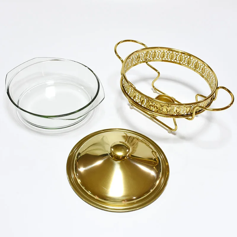 New Gold Round Glass Buffet Stove 2.0L Food Heating Container Dining Table Dry Fondue Alcohol Stove