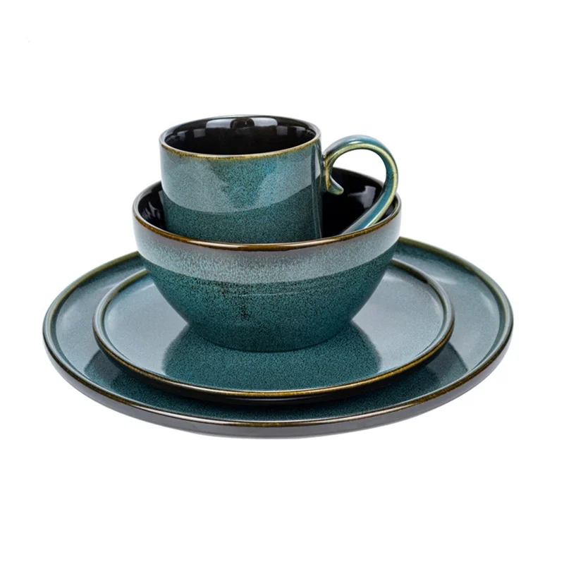 Hot sale blue glossy reactive glazed dinner salad appetizer plate cereal bowl mug stoneware dinnerware set