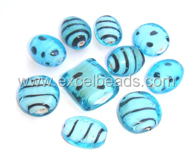 
White Heart Glass Beads Striped and dotted beads - Hand made Lamp Work Glass Beads 