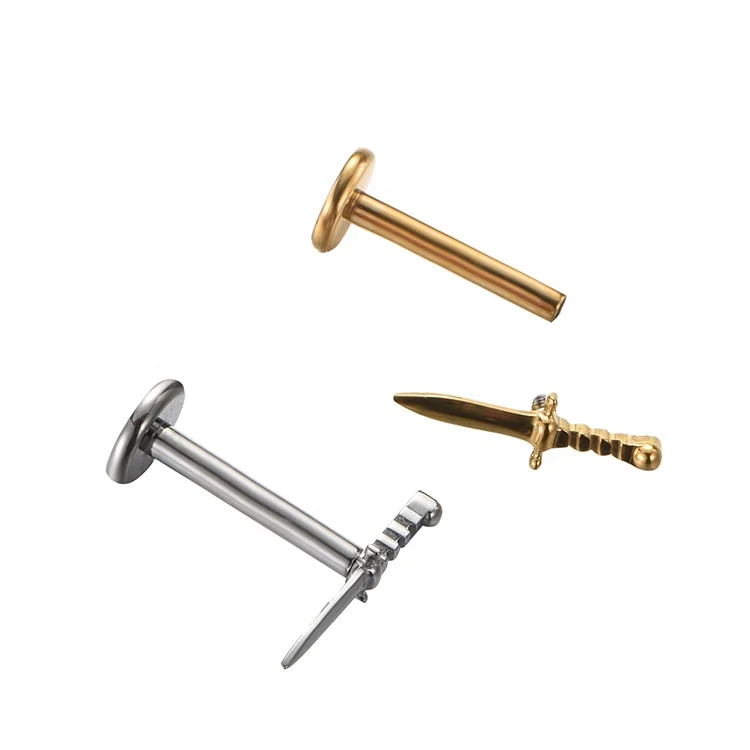 ASTM F136 Titanium Sword Labret Lip Dagger Ear Studs Piercing Tragus Helix Cartilage Earring