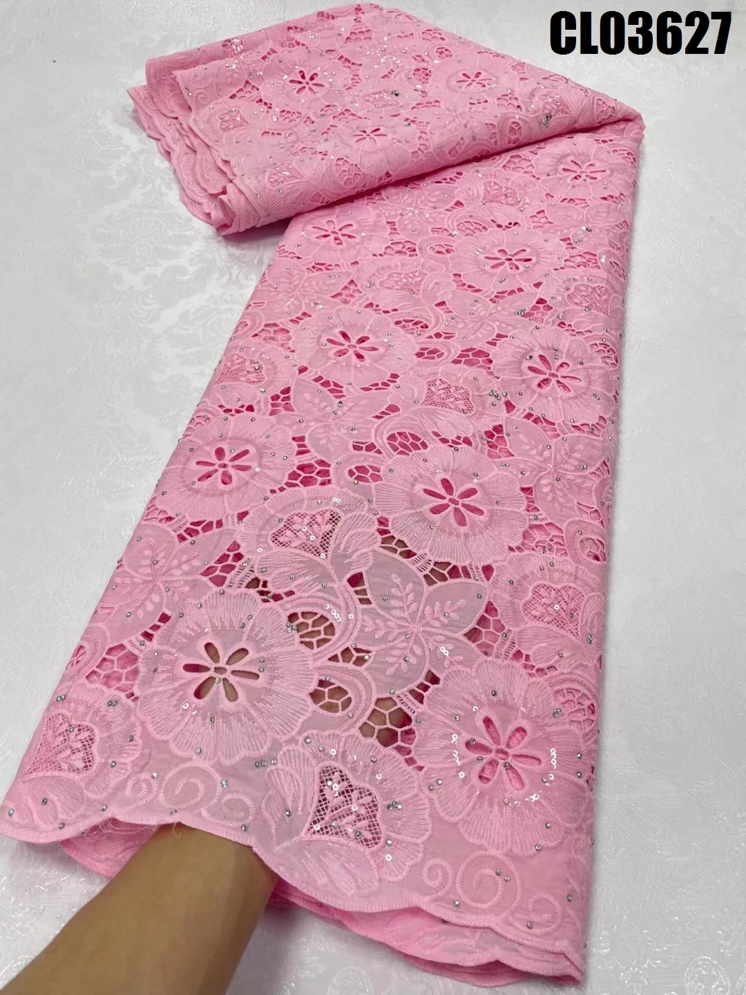 High Quality Mint Green Guipure Lace French Openwork Fabric Gemstone Embroidery African Cope Lace Fabric with Rhinestones