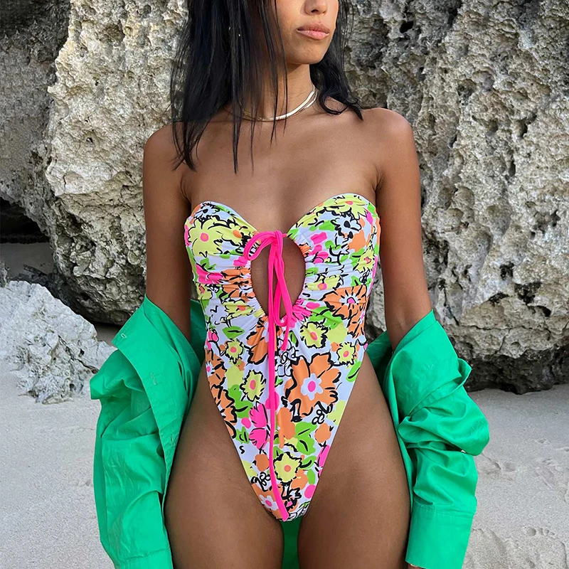 2023 Customized Swimmers Floral Printed One Piece Designer Bathing Suits High Leg OEM Womens Bikini Swimsuits