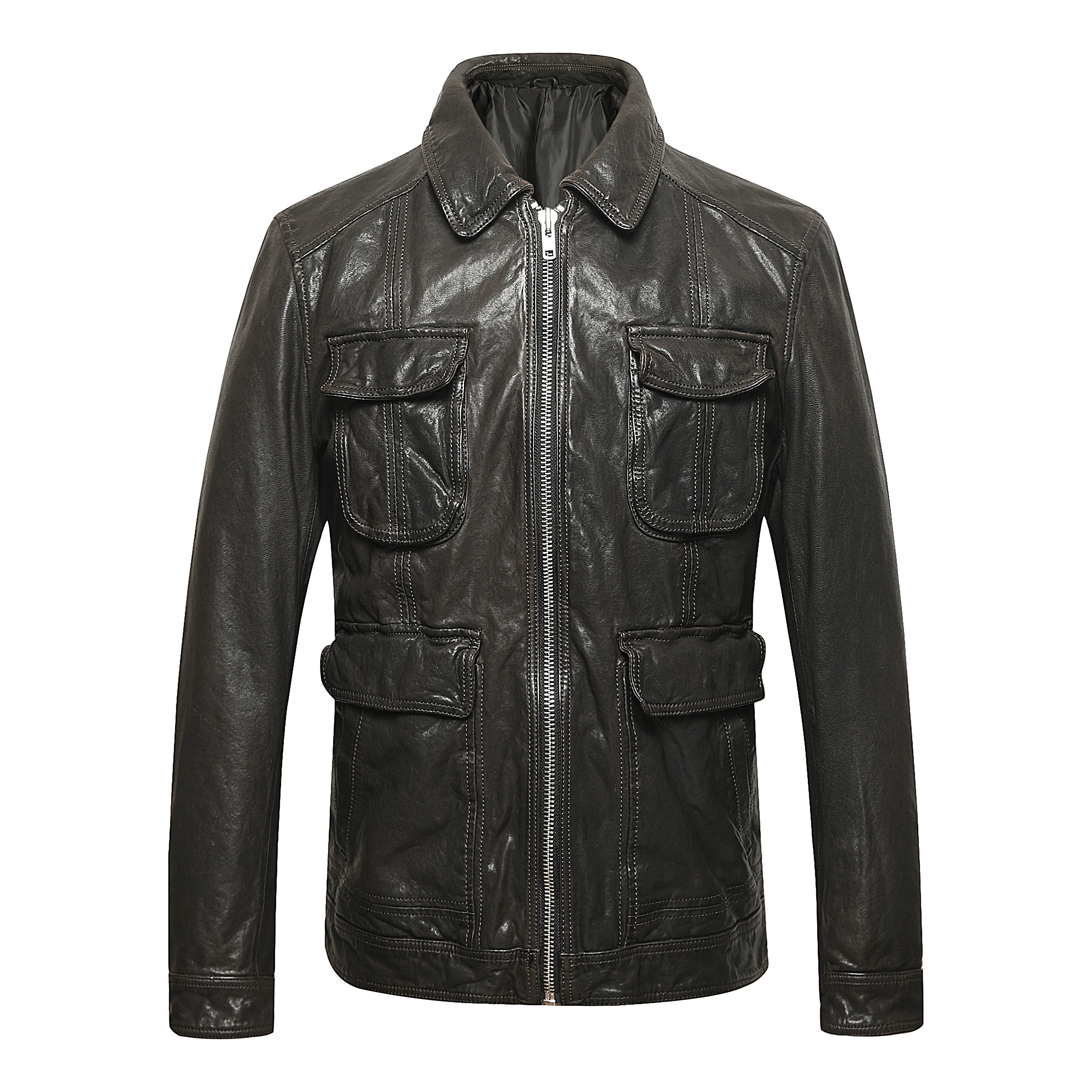 sheepskin jacket men Turn-down Collar motorcycle jacket men leather