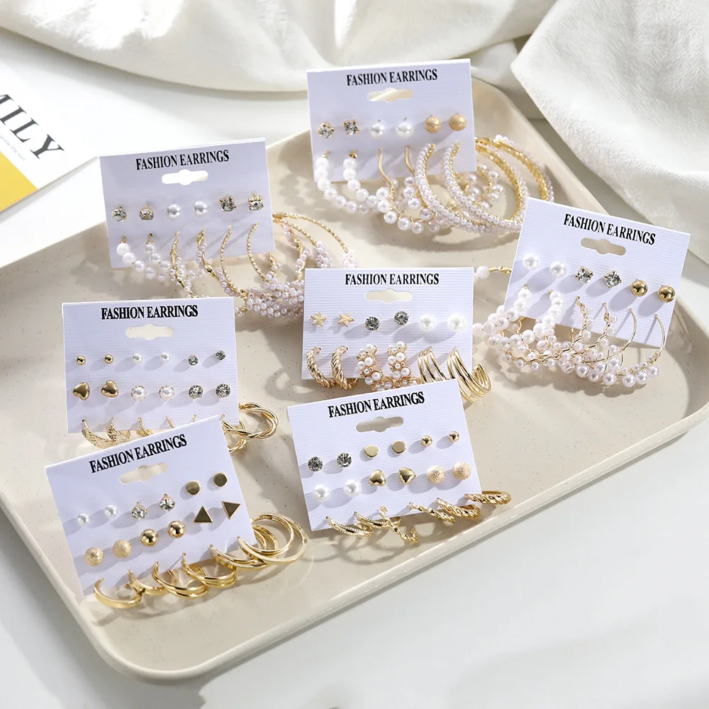 Large Hoops White Pearl Earrings Set 6-piece geometric star rhinestone metal earrings