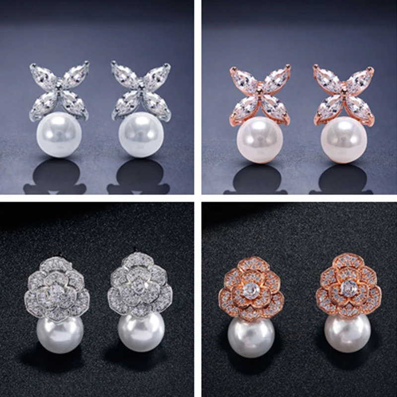 Square Austrian Cubic Zirconia Stud Earrings for Women Fashion Imitation Pearl Snow Flower Bridal Girl
