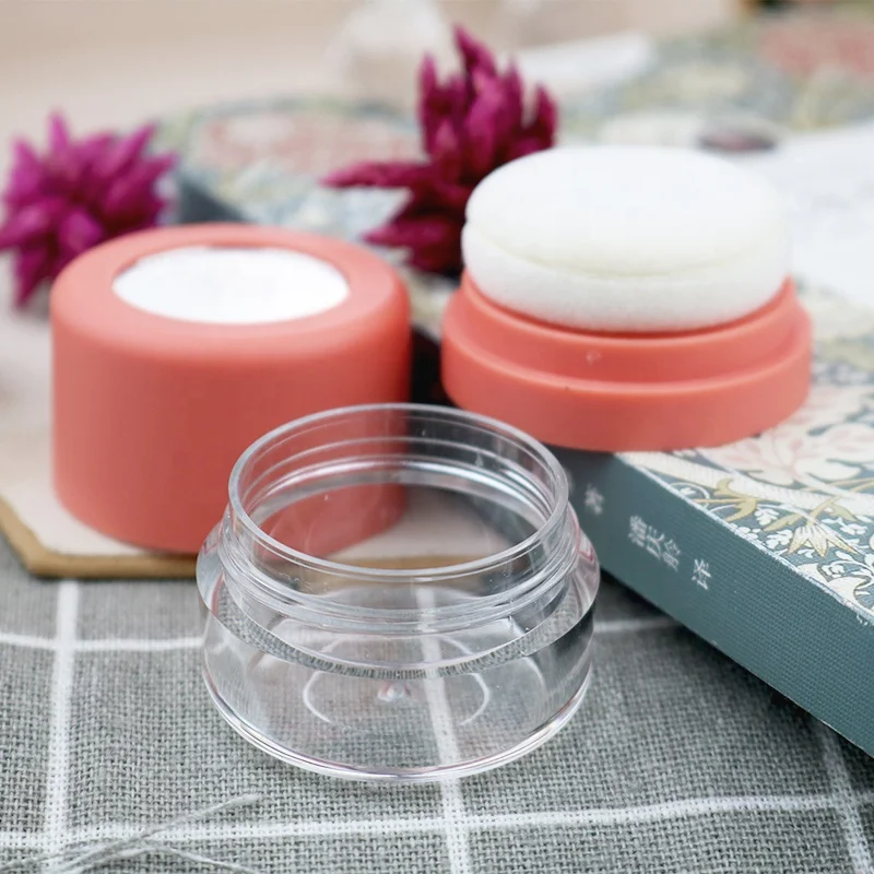 Fashion wholesale empty round cosmetic makeup blush loose dry powder case hair care setting powder container with mirror puff