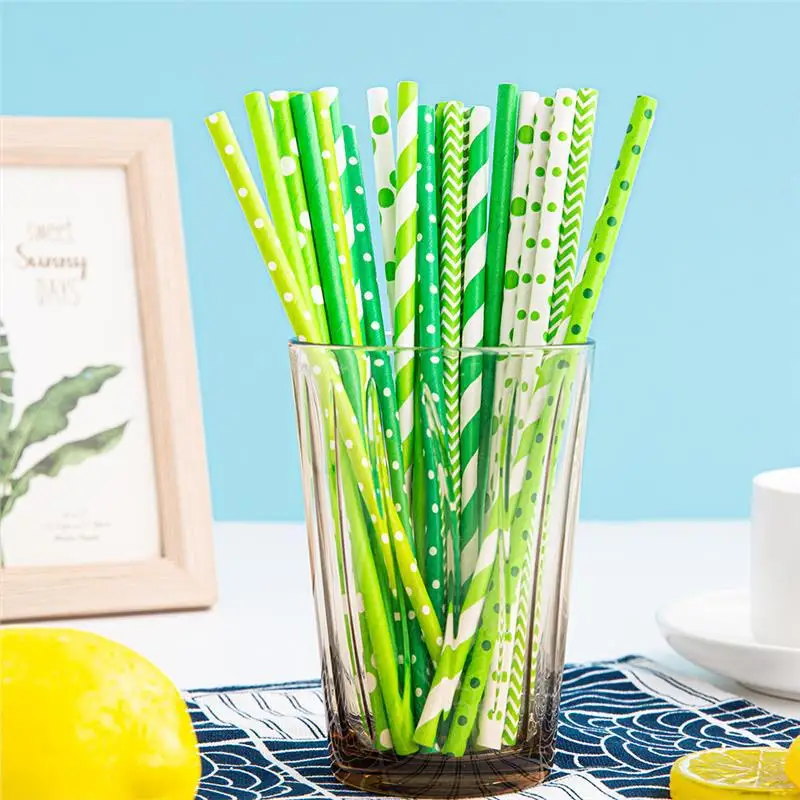 Green paper straw Disposable degradable paper straw Creative party juice milk tea straw decorated with green bamboo
