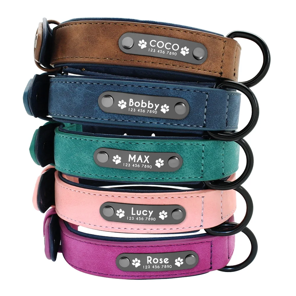 High quality  dog accessories  multi colors PU leather  adjustable custom name collar cat dog pet collar & leashes