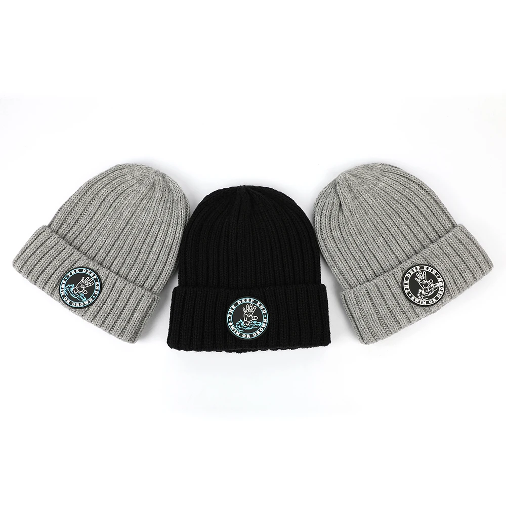 High Quality Custom Unisex Rubber Patch Logo 100% Acrylic Cuffed Knitted Beanie,Men Skull Winter Hat Fisherman Beanie Cap