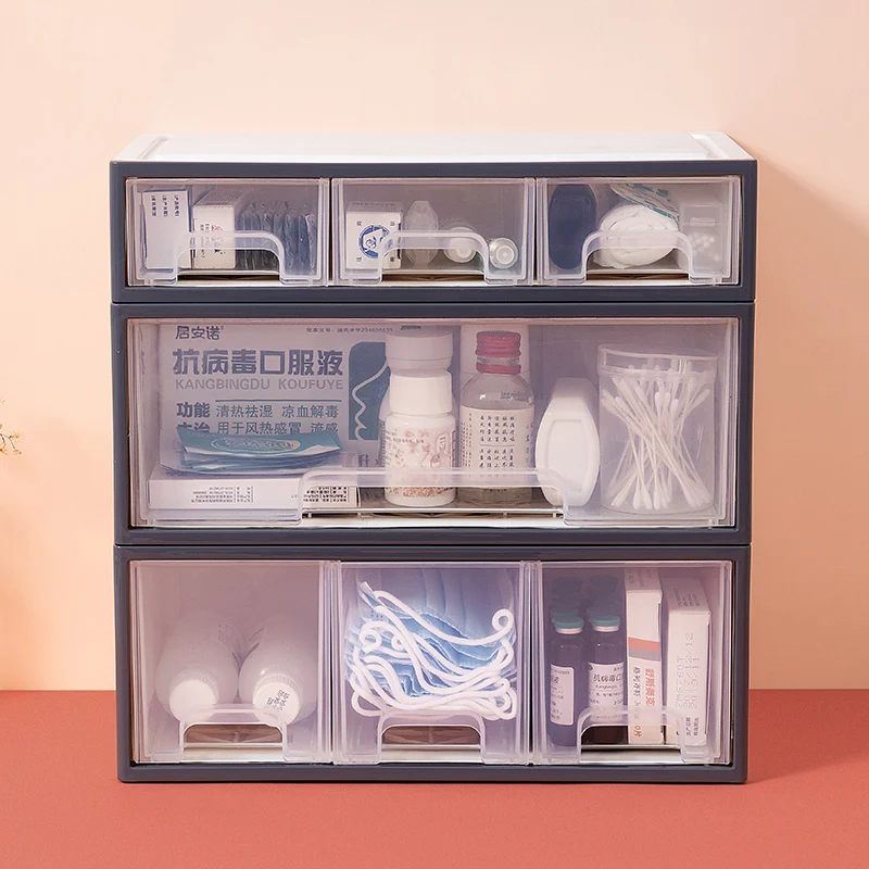 Multifunctional Plastic Stackable Desk Organizers with Drawers for Medicine, Pills, Cosmetic, Sundries