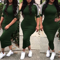 03058221-New Women Clothes Round Neck Short Sleeve Striped Skinny Solid Color Dress Womens Casual Dresses