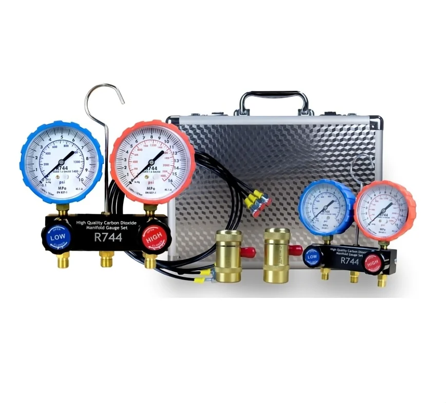 R744 CO2 Manifold gauge set with recycling Aluminum Valve connection 1/4  Refrigerant Charging Tool Leak Detection Tool Kit