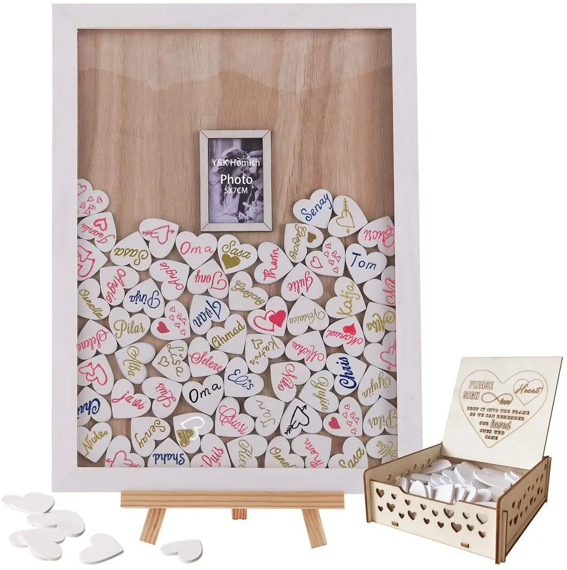 Wedding Guest Book Wooden Picture Frame Drop Top Frame Sign Book with Wooden Hearts Rustic Wedding Decoration Wedding Gift