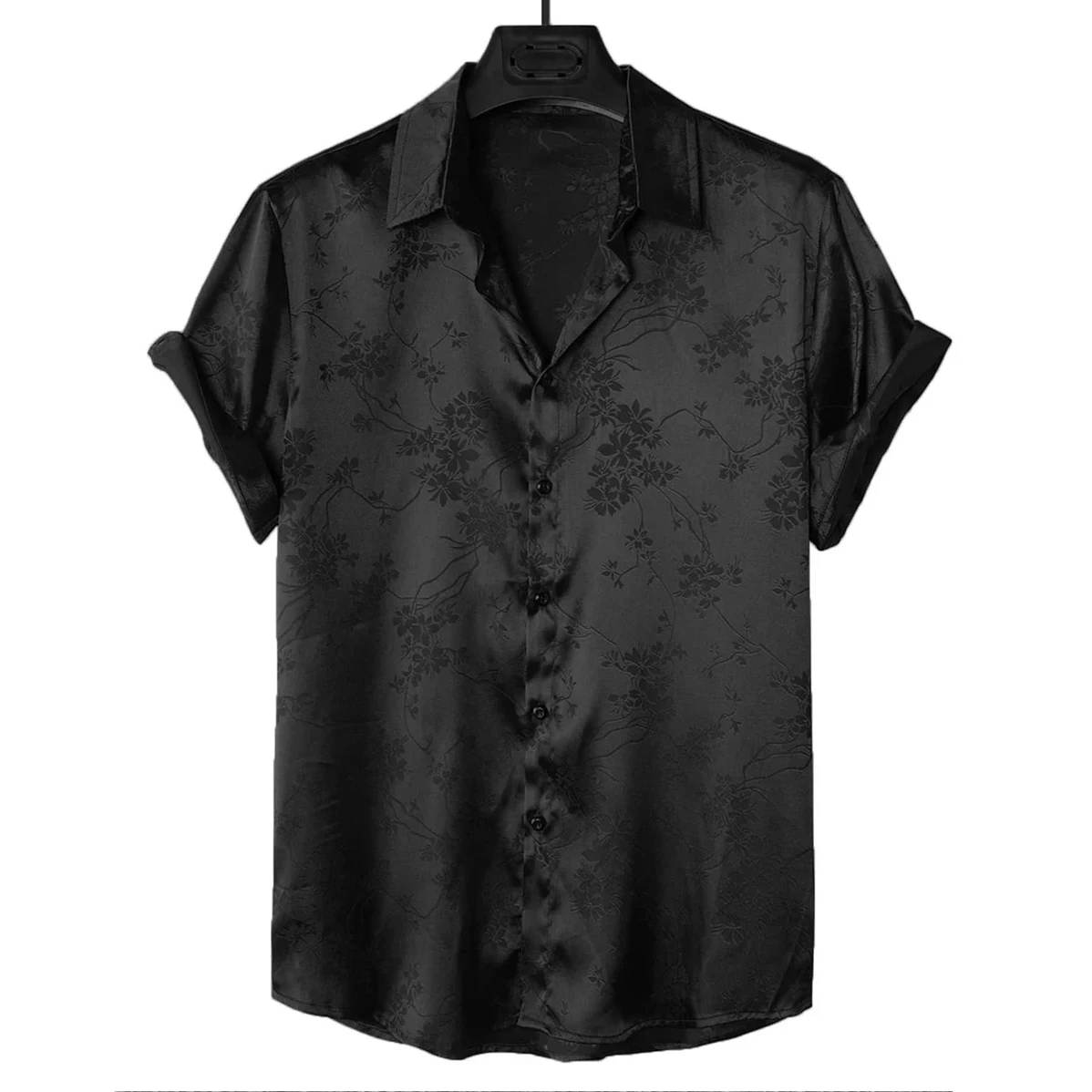 Custom Patterns Casual Turn-down Collar V-neck Flowery Embroidery 100% Satin Silk Shirt For Men